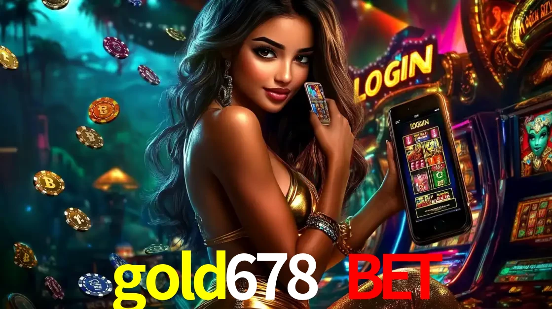 Mulher em um cenário de cassino temático de aventura, mostrando o app de caça-níqueis da gold678 bet no celular. Fichas de apostas flutuam ao redor.