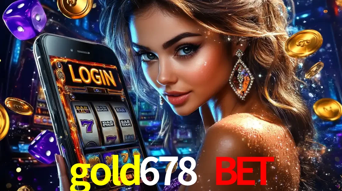 Mulher glamorosa segurando um smartphone com a tela de login para os jogos de caça-níqueis do cassino online gold678 bet, com moedas de ouro e dados ao redor.