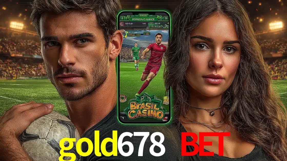 Homem segurando uma bola de futebol e uma mulher ao lado de um smartphone exibindo o jogo de apostas esportivas da gold678 bet. Faça seu palpite no cassino online.